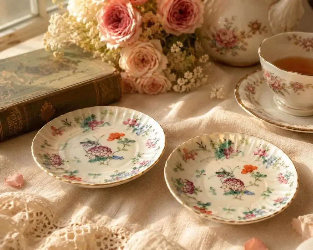 Vintage Chinoiserie Porcelain Bowls Pair Floral Cricket Trinket Dishes